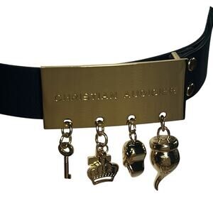 Christian Audigier Belt Size Medium Black Leather Brass Charm Buckle Logo
